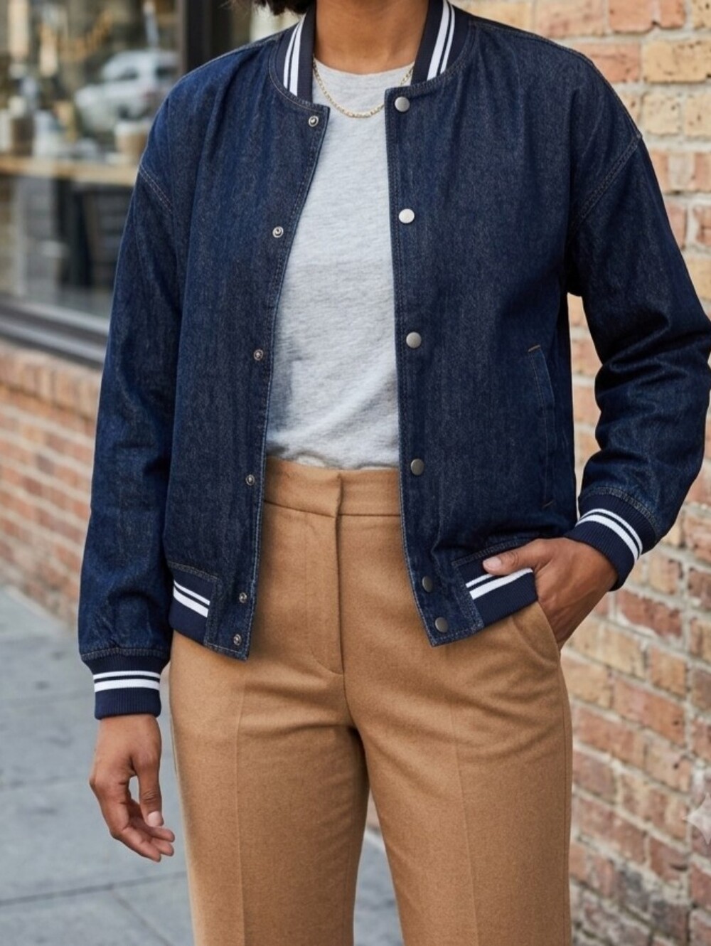 Old Navy Women's Dark Denim Bomber Jacket - Navy Trim
